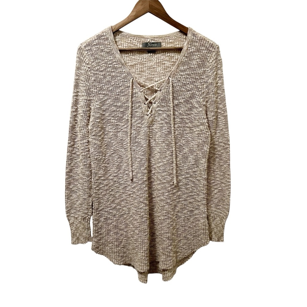 Cream V-Neck Front Crisscross Tying Natural Reflections Women's Knitted Sweater